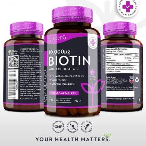 Nutravita – Biotine 10000 mcg Avec Huile De Coco, Dosage Élevé, 365 Comprimés