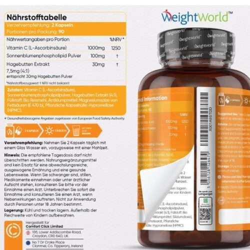 WeightWorld – Vitamines C liposomal – 1000 mg de vitamine C par jour – 180 capsules