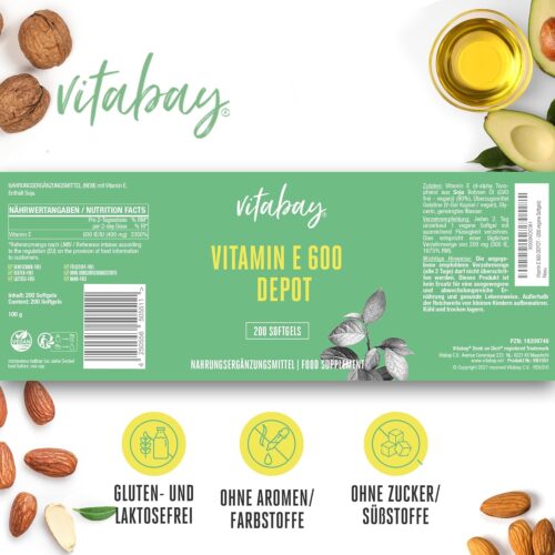 Vitabay – Vitamine E 600 IE Dépôt Haute Dose – 200 Capsules