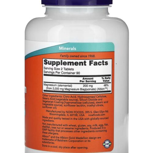 Now Foods – Magnesium Glycinate, 180 Comprimés